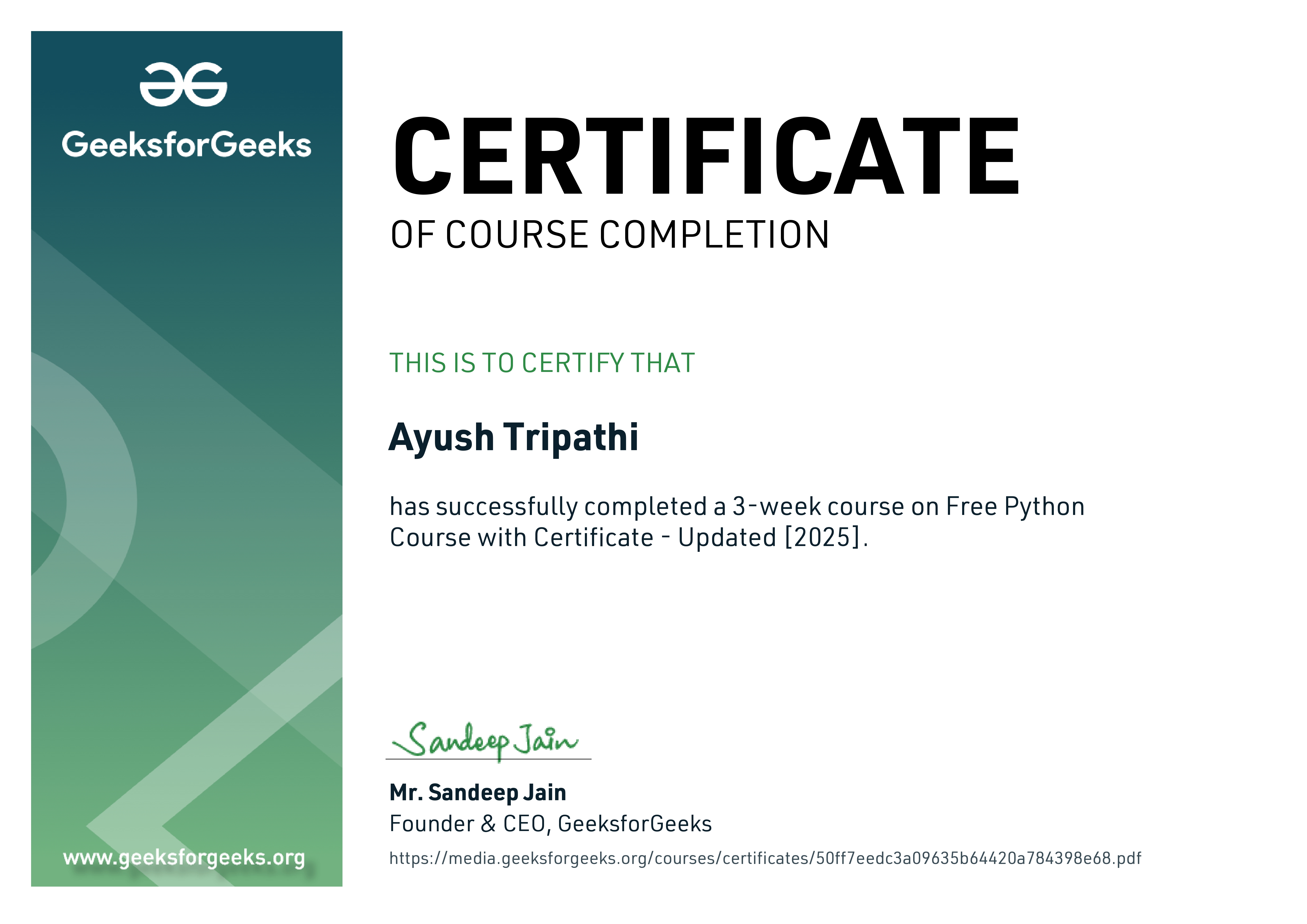 GeeksforGeeks Python Certificate